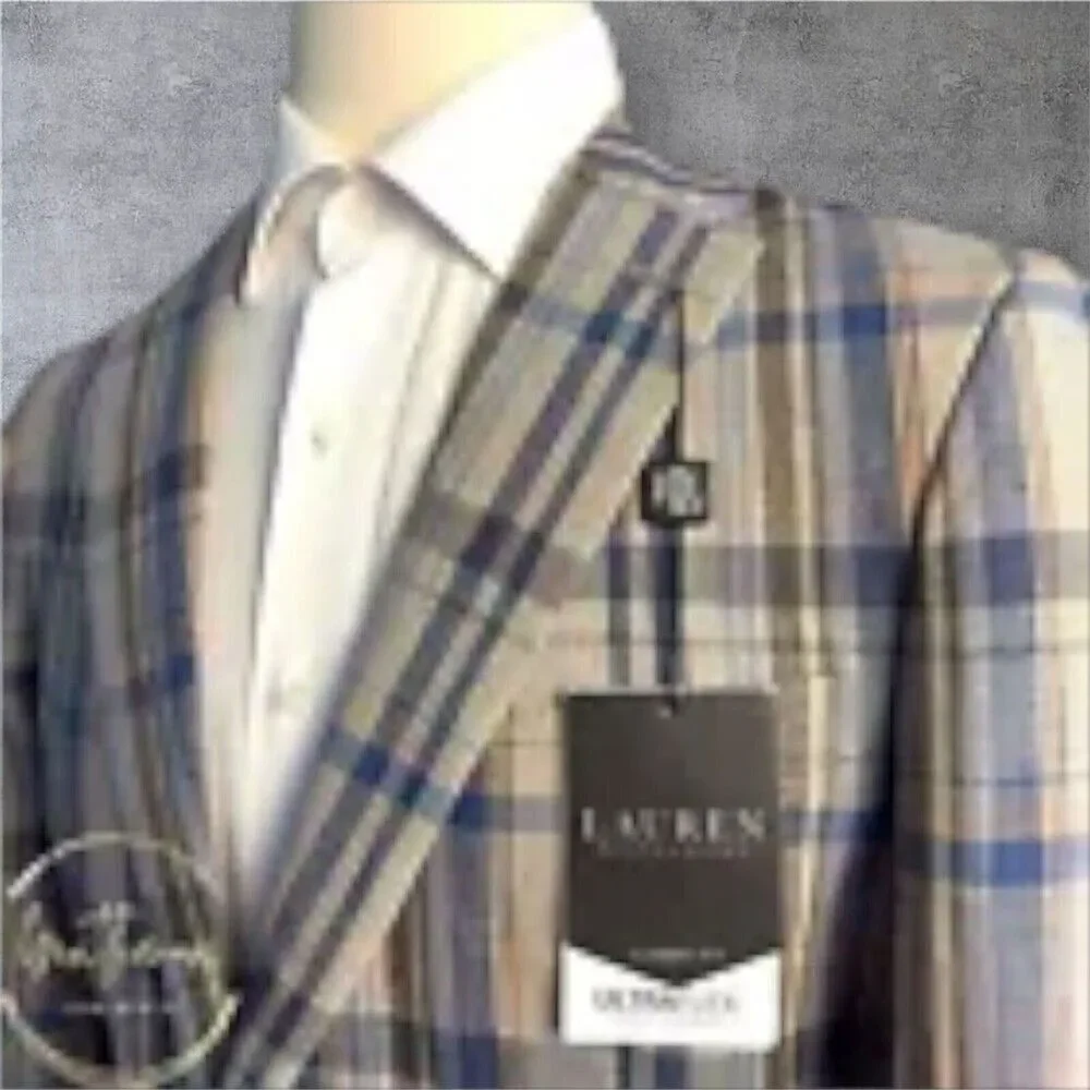 RALPH LAUREN Mens Blazer Sport Coat Two Button Jacket 44L Blue/Beige Linen Suits